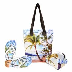 Kit Praia Feminino Beach Coqueiro com Bolsa, Necessaire e Chinelo, Magicc KIT-204