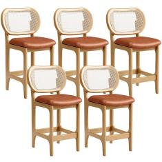 Kit 5 Banquetas Baixa Bar Cozinha Sala De Jantar Betta L02  Tela Couríssimo Camel - Lyam Decor