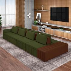 Sofá Ilha com Encosto e Almofadas Móveis Olimpo 465cm Modulado Linho/PU Terracota/Marrom G45 - Gran Belo