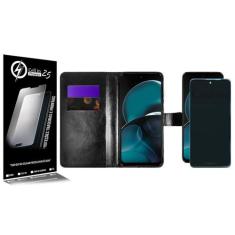 Capa Case Carteira material sintético Preto + Película Cerâmica Fosca 