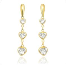 Brinco Ouro 18k Com Pedras Coração De Zircônias - Dreamfactoryjóias