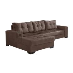 Sofá 5 Lugares Dijon com Chaise Esquerdo e Entrada USB Suede Marrom