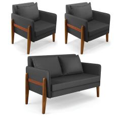 Kit 1 Sofá Namoradeira e 2 Poltronas Lana Corino Preto Base de Madeira - D`Rossi