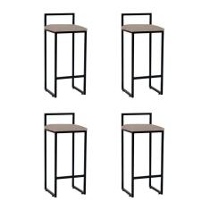 Kit 4 Banquetas Industrial Premium Alta Bar Cozinha Bistrô Em Aço Dori Preta Assento Suede Bege Preto