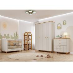 Quarto de Bebê Completo Berço Guarda Roupa 4 Portas e Cômoda 4 Gavetas 100 MDF Lívia Permobili