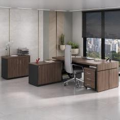 Kit 3 Peças Com Mesa Para Escritório Diretor Em L,  Armário M
