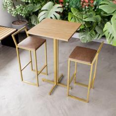 Jogo Mesa Alta Bistrô Quadrada Pinus 2 Banquetas Estofado Confort Indu