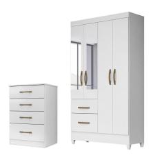 Kit Guarda Roupa Solteiro com Espelho Madri e Cômoda MS