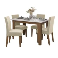 Conjunto de Mesa Sala de Jantar Miami com 4 Cadeiras Trieste Suede 1,20m Cedro/Off White/Mascavo Dobuê