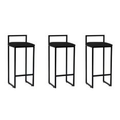 Kit 3 Banquetas Altas Industriais em Aço Dori Preto Assento Suede Pret