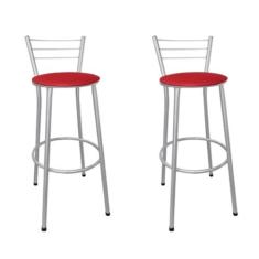 Kit 2 Banquetas Altas Prata com Encosto Assento Vermelho - Fortmix