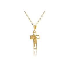 Colar com Pingente de Cruz e Face de Jesus Folheado em Ouro 18k