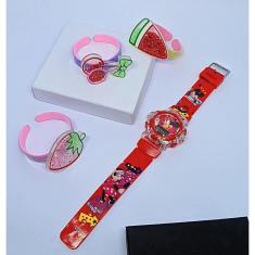Kit Relógio Infantil Digital Pisca Luz Toca Musica Princesas Disney Minnie Barbie + Pulseira Bracelete 3D Colorida