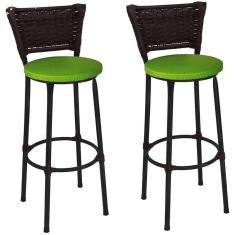 Kit 2 Banquetas Médias Preta com Encosto Junco Argila Assento Verde