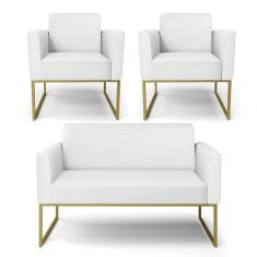 Sofá Namoradeira Com 2 Poltronas Base Industrial Dourado Marisa Corino Branco D03 - D`rossi