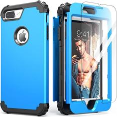 IDweel Capa para iPhone 8 Plus/7 Plus com protetor de tela de vidro temperado, 3 em 1, à prova de choque, híbrida, resistente, capa de silicone macio, capa completa, azul celeste