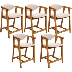 Kit 05 Banquetas Baixa Cecília L02 Assento Suede Base Madeira Encosto Fixo 60 cm Bege