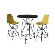 Jogo Mesa Bistrô Eames Preta 60Cm 2 Banquetas Amarela Base Ferro Preto