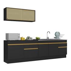 Armário de Cozinha Compacta 270cm com Rodapé Veneza Multimóveis V2112 Preto/dourado