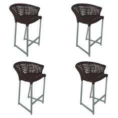 Kit 4 Banquetas Reis Em Corda Náutica E Base Em Alumínio Cinza Para área Gourmet Externa Marrom