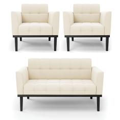 Sofá Namoradeira E 2 Poltronas Base De Madeira Preto Elisa Veludo D03 - D'rossi Cor Bege