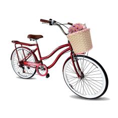 Bicicleta aro 26 feminina retrô com cesta tipo vime 6marchas