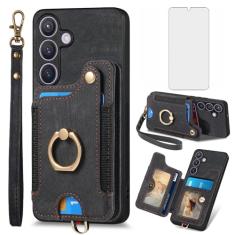 Capa de telefone para Samsung Galaxy S24 Plus S24+ 5G capa carteira com protetor de tela de vidro temperado e alça de pulso RFID suporte para cartão de crédito anel suporte celular S24plus 24S + S 24