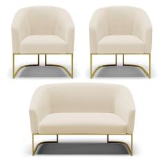 Namoradeira E 2 Poltronas Base Industrial Dourado Stella Linho D03 - D`rossi Cor A19 Bege