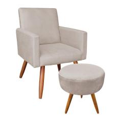 Kit Poltrona e Puff Banqueta Redonda Nina Veludo Pés Palito Castanho -