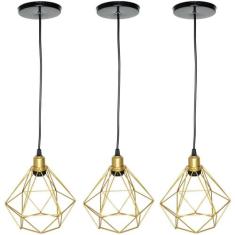 3 Pendentes Aramado Diamante Cabo 1,5 Mt Luminária Lustre P Industrial