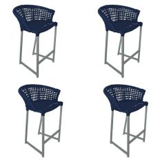 Kit 4 Banquetas Reis Em Corda Náutica E Base Em Alumínio Cinza Para área Gourmet Azul Marinho Azul