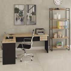 Conjunto Home Office 2 Peças Com Escrivaninha Work30 E Estante Kuadra Carvalho-preto ônix