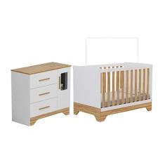 Quarto De Bebê Cômoda 1 Porta Com Janela E Berço Minicama 100% Mdf Liam Espresso Móveis Branco Brilho amêndoa