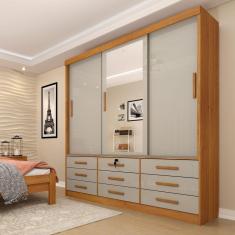 Guarda Roupa Casal com Espelho 3 Portas 9 Gavetas Chicago Tcil Móveis Cinamomo/Off White