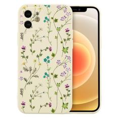 RALEAVO Capa floral para iPhone 12, capa de silicone líquido com lindo padrão de ramo de flores para meninas e mulheres, capa protetora de borracha macia fina para iPhone 12 (6,1 polegadas), bege