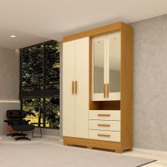 Guarda-Roupa Solteiro 119,60cm 4 Portas 3 Gavetas Capelinha com Espelho 100% MDF Débora Cinamomo/Off White