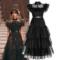 Fantasia Infantil Wandinha Família Addams Vestido De Festa + Cinto - B