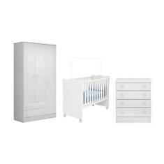 Guarda Roupa 3 Portas, Berço e Cômoda 4 Gavetas Branco - Qmovi