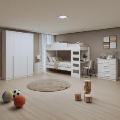 Quarto Infantil com Beliche Olga Cômoda e Criado Baião e Guarda-roupa 