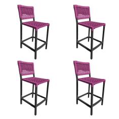 Kit 4 Banquetas França Em Corda Náutica E Base Em Alumínio Preta Para área Gourmet Rosa - Cor: Rosa