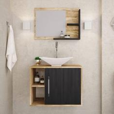 Conjunto para Banheiro Gabinete com cuba Folha L38 e Espelheira Laura 600 Yescasa Carvalho/Preto Ônix