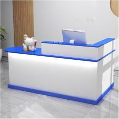 Mesa de recepção moderna com luzes e gavetas trancáveis, balcão de caixa em L, mesa de recepção de computador de madeira, mesa de recepção pequena, para escritório de checkout, salão de beleza/saguão,