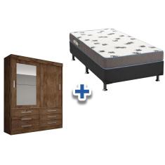 Cama Box Solteiro + Colchão Ortobom D33 + Guarda Roupa Sonare Canela
