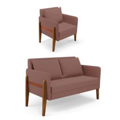 Kit 1 Sofá Namoradeira e 1 Poltrona Lana Veludo Rosê Base de Madeira - D'Rossi