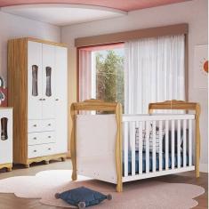 Quarto de Bebê Guarda-roupa 3 Portas com Janelas e Berço Minicama 100% Mdf Aurora Espresso Móveis Branco Brilho/Amêndoa