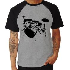 Camiseta Raglan Bateria Música Baterista - Foca na Moda, Cinza, Preto,