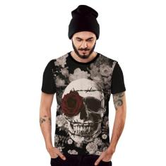 Camiseta Caveira Floral com Coroa de Espinhos e Rosa Vermelha - Di Nue