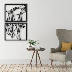Quadro Decorativo Lobo Poligonal Preto Vazado 2 Peças Mdf 3mm - 82x50 