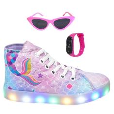 Tênis Botinha Infantil Led Feminino Sereia Casual +Óculos+Relógio - AR