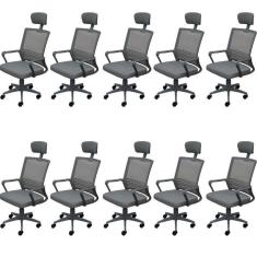 Kit 10 Cadeiras para Escritório Presidente Lyon Alta em Tela Mesh Cinza